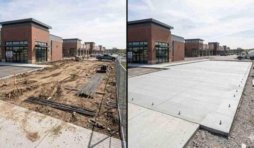 Before and after view of a commercial concrete slab installation. The transformation replaces a rough construction site with a high-quality finished surface featuring an architectural color scheme.