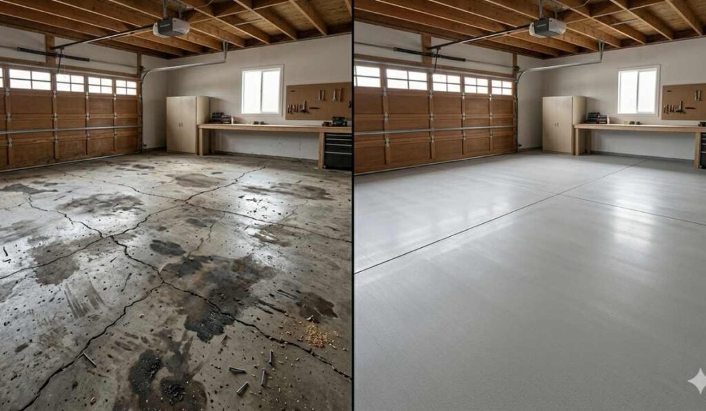 Before and after view of a concrete slab restoration, showing the transition from a cracked, industrial surface to a polished decorative finish.