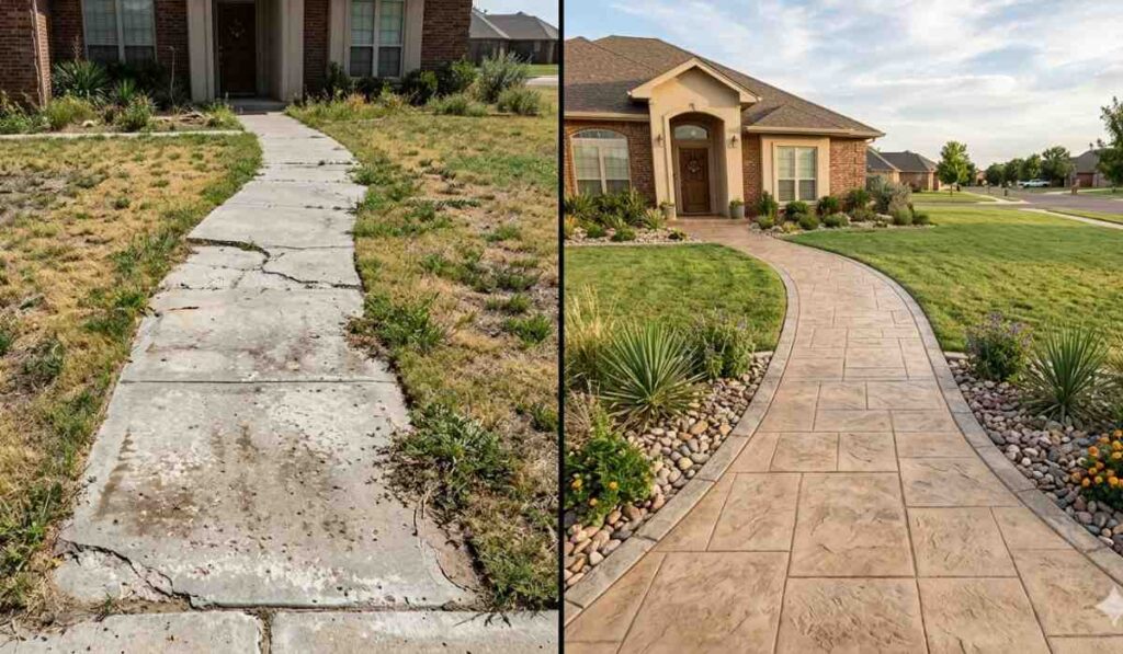 Stamped concrete walkway before and after renovation in Amarillo TX