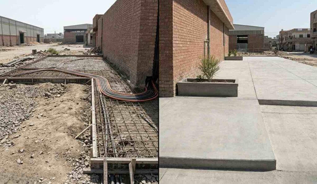 Side-by-side comparison of an exterior concrete slab under construction and the final polished architectural finish.