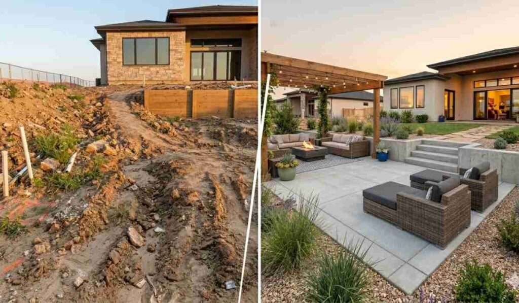 Side-by-side comparison showing a messy backyard construction site transformed into a polished living area with a clean-lined concrete slab and modern landscaping.