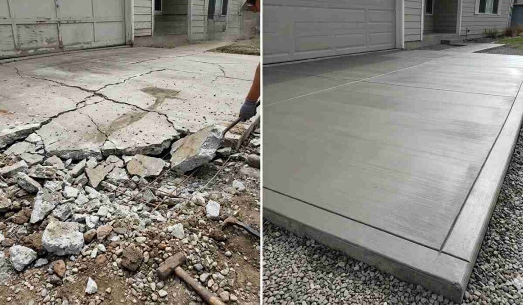 Side-by-side comparison showing the demolition of a damaged driveway and the installation of a polished, modern concrete slab with a professional finish.