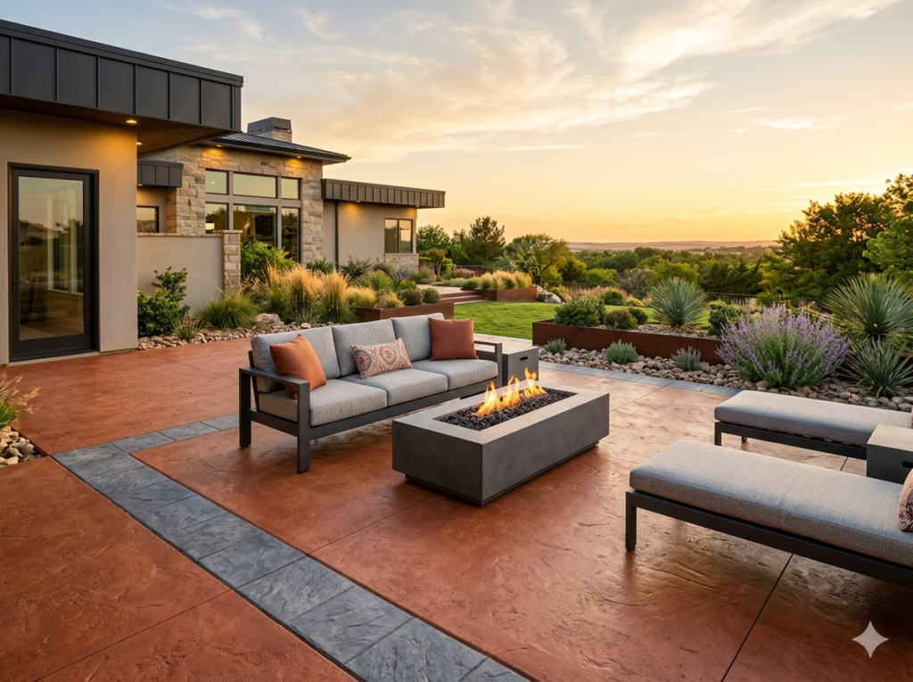 A luxury modern home in Amarillo, Texas, featuring a custom terracotta stained concrete patio with a textured slate gray border, a contemporary fire pit table, and outdoor sofa seating at golden hour.