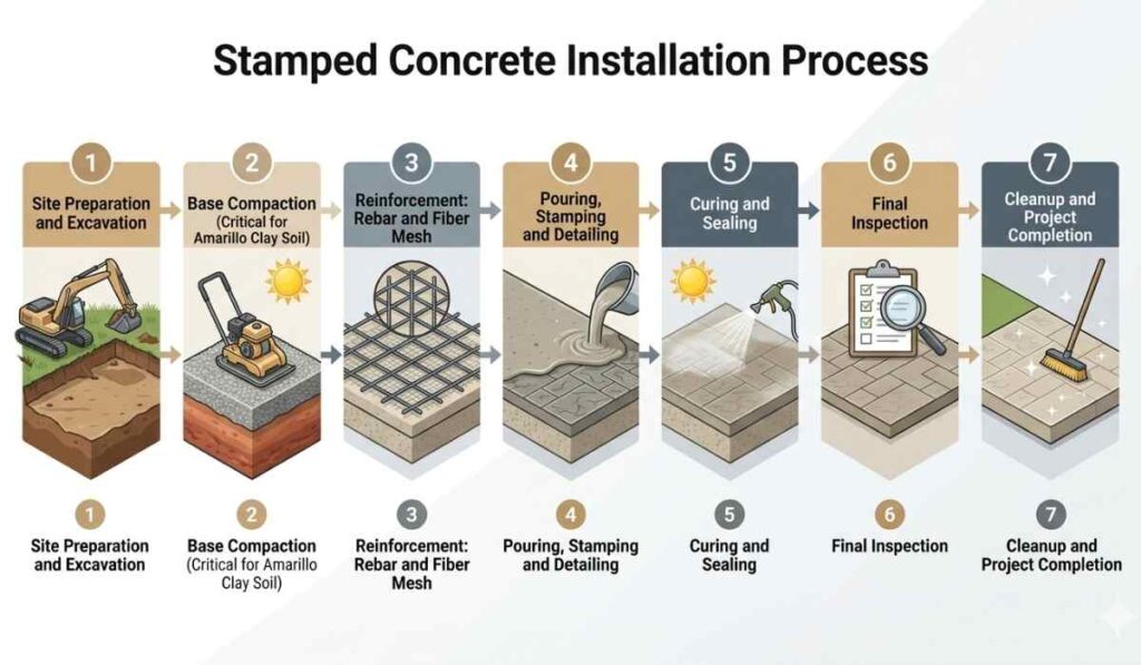 inforgraphics of stamped concrete installaton process in Amarillo TX