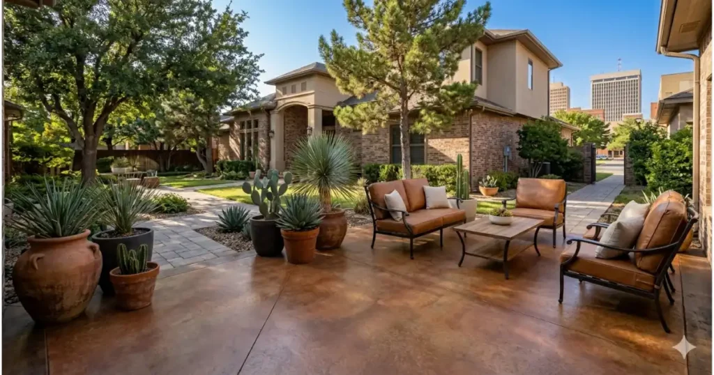 Acid stained concrete patio with rich terracotta and brown earth tones in Amarillo TX