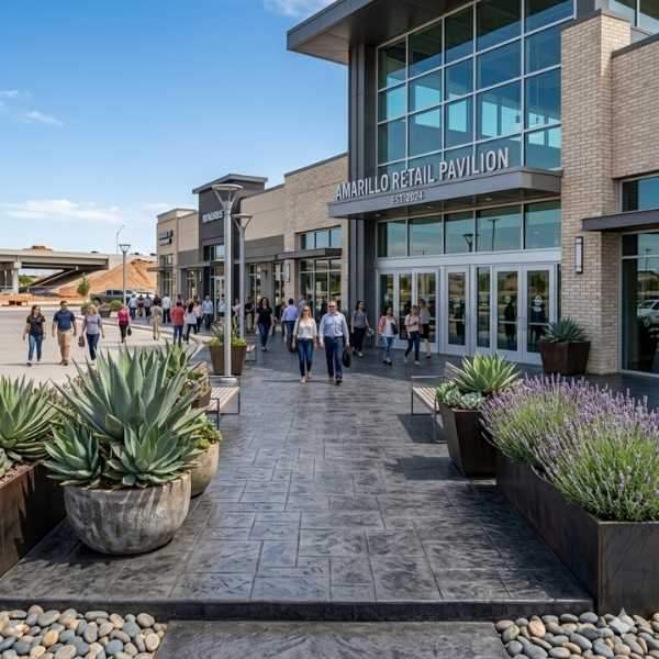 A professional installation of a large-scale commercial stamped concrete walkway in a dark ashlar slate pattern at the Amarillo Retail Pavilion in Amarillo, Texas.