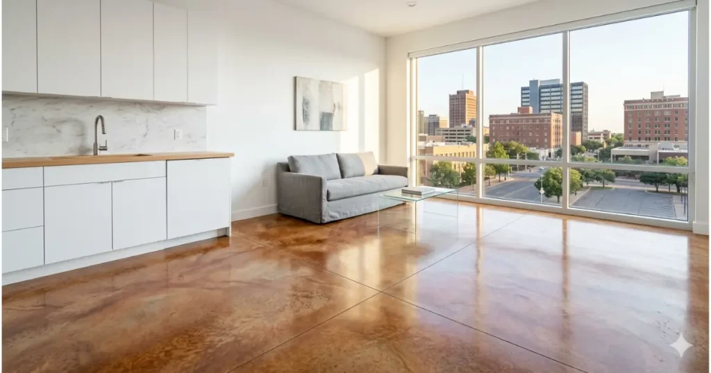 Rich earth-tone decorative stained concrete floor in a bright Amarillo Texas kitchen, smooth semi-gloss finish with natural light from downtown view