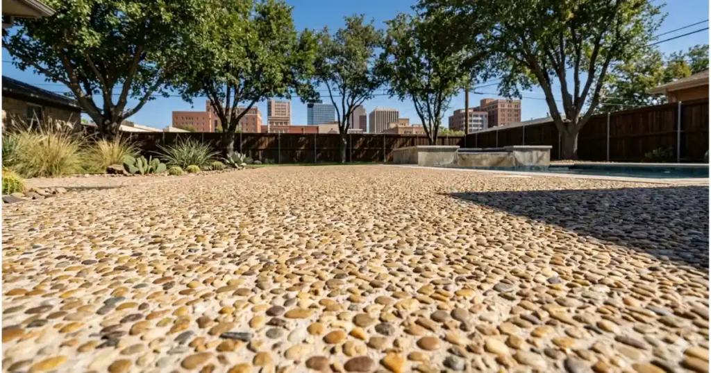 Exposed aggregate concrete walkway with sparkly pebble texture for slip resistance in Amarillo Texas
