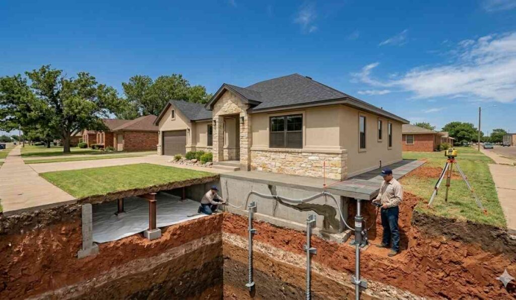Cutaway view of technicians leveling an Amarillo home using deep steel piers and hydraulic jacks.