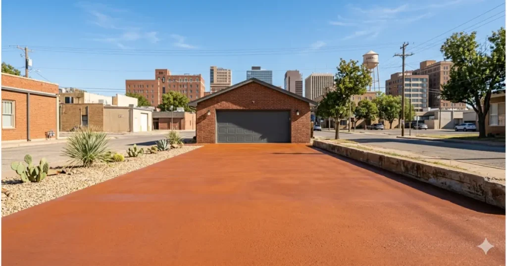 Integral colored concrete driveway in warm terracotta with UV-stable pigment in Amarillo TX