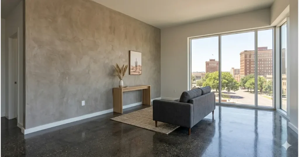 Interior decorative concrete accent wall with warm earth tones in an Amarillo TX living room