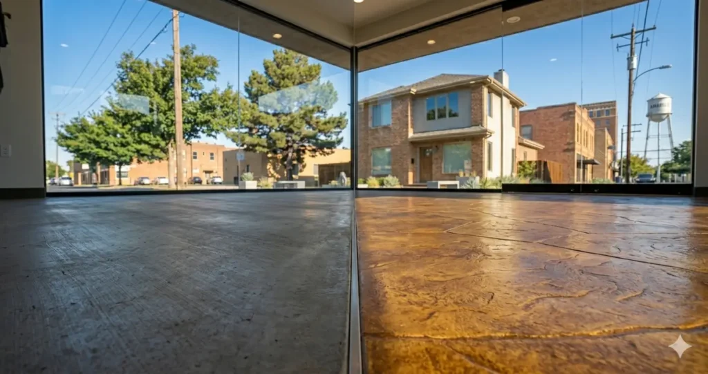 Split comparison showing plain gray concrete versus beautiful decorative stained concrete in Amarillo Texas