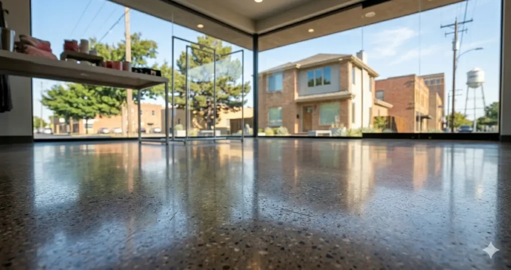 Split comparison showing plain gray concrete versus beautiful decorative stained concrete in Amarillo Texas