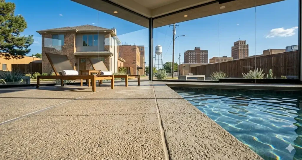 Textured slip-resistant decorative concrete pool deck with downtown Amarillo Texas view