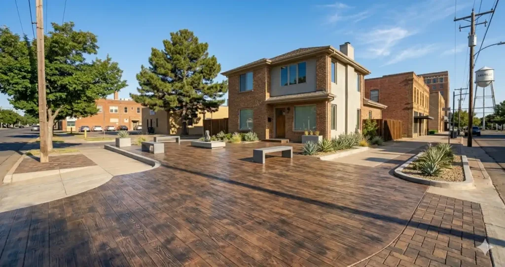 Stamped decorative concrete driveway with wood-plank pattern enhancing curb appeal of an Amarillo TX home