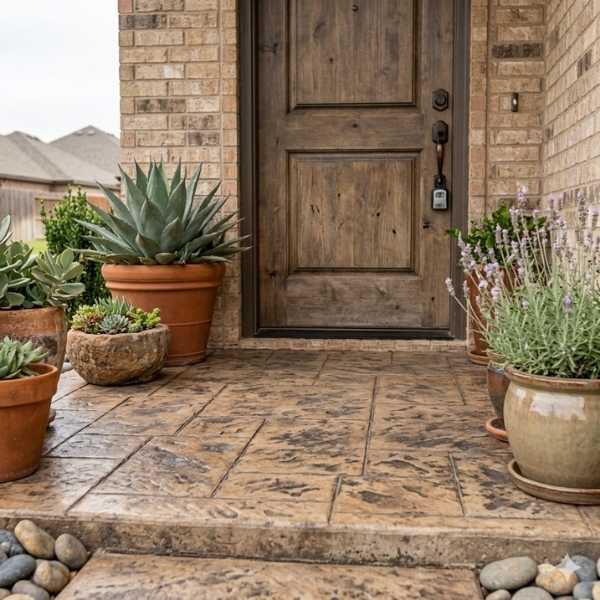 A professional stamped concrete front porch featuring a tan ashlar slate pattern and decorative finish, complemented by potted succulents and drought-tolerant plants in Amarillo, Texas.