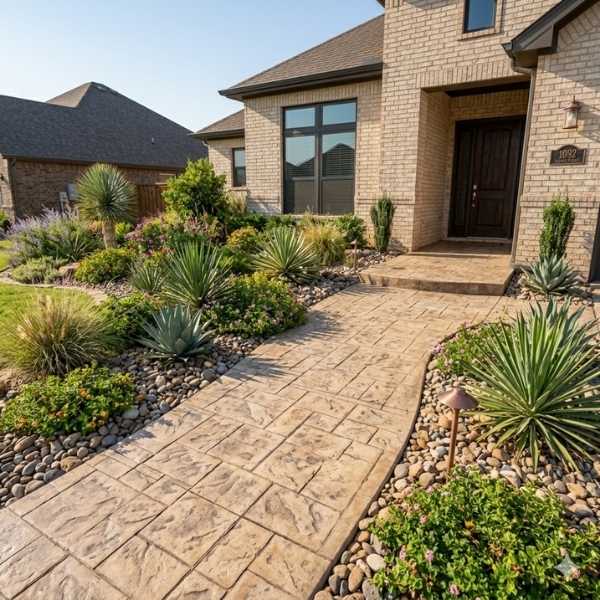 A professional installation of a stamped concrete walkway and front porch in a tan ashlar slate pattern, bordered by desert-style landscaping and decorative rock in Amarillo, Texas.