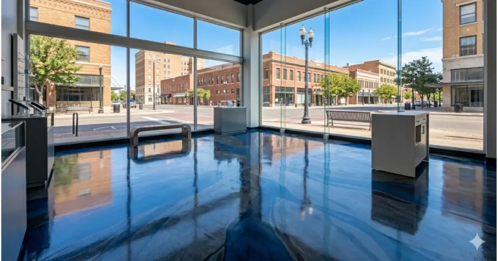 Water-based stained concrete floor in bold navy blue for a commercial space in Amarillo Texas