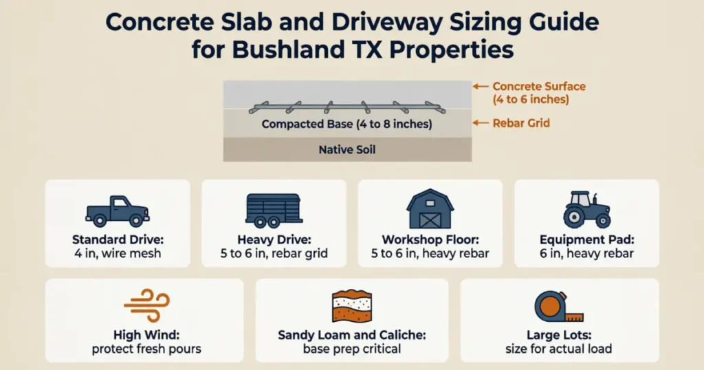 Concrete slab and driveway sizing guide infographic for Bushland TX properties showing cross-section layers, project types by vehicle load, and site conditions. Concrete Contractors Bushland TX.