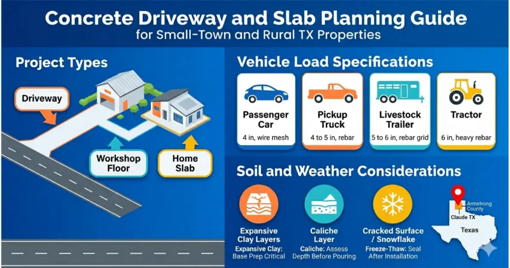 Concrete driveway and slab planning guide infographic for rural Texas properties showing vehicle load specs, project types, and soil conditions for Claude TX in Armstrong County. Concrete Contractors Claude TX