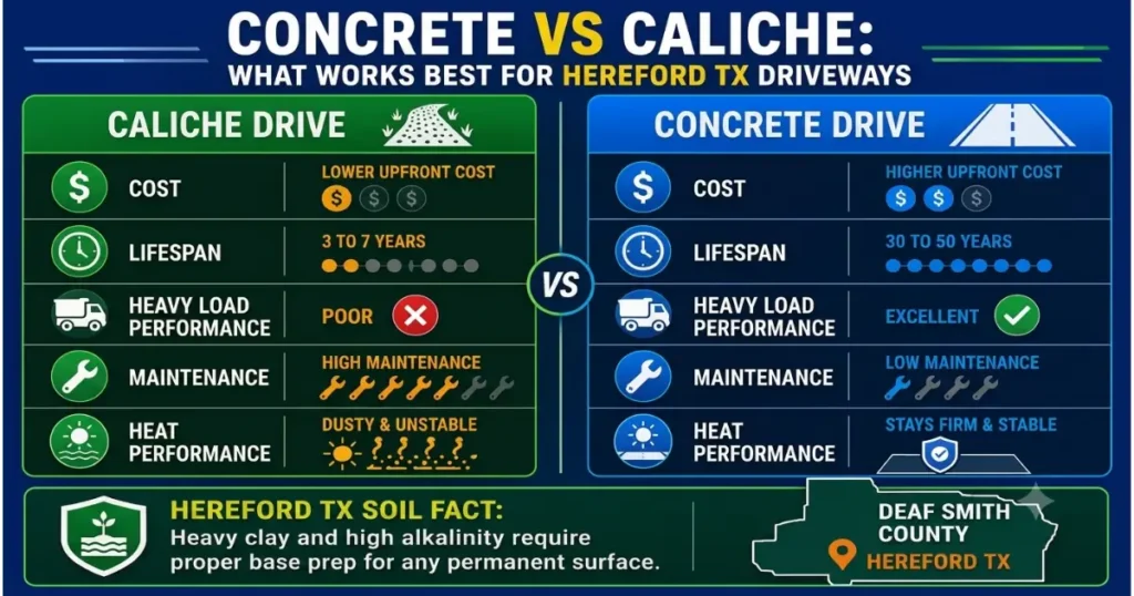 Side-by-side infographic comparing concrete vs caliche driveways in Hereford TX showing cost, lifespan, maintenance, heavy load performance, and soil suitability for Deaf Smith County conditions. Concrete Contractors Hereford TX