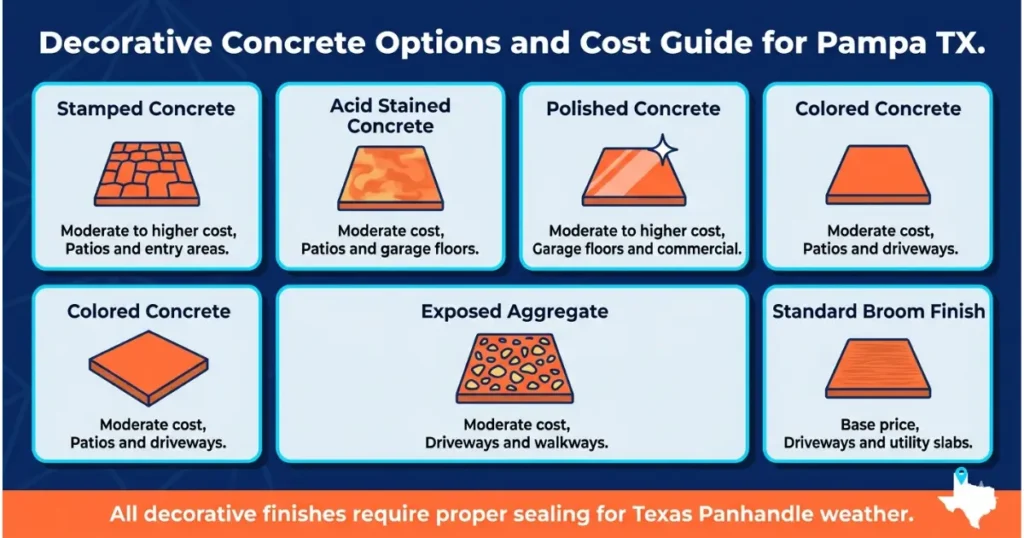 Decorative concrete options and cost guide for Pampa TX showing stamped concrete, acid stained concrete, polished concrete, colored concrete, exposed aggregate, and broom finish with typical uses and relative cost ranges. Concrete Contractors Pampa TX