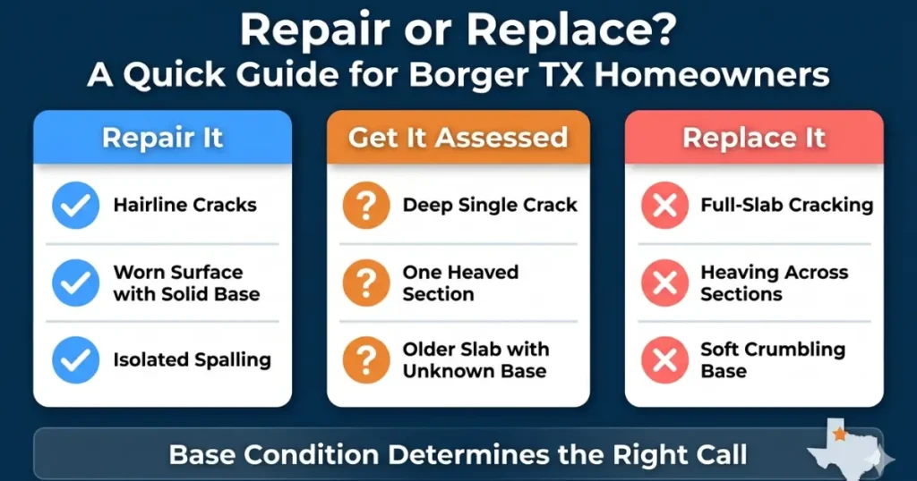 Concrete repair or replacement decision guide infographic for Borger TX homeowners showing repair, assess, and replace conditions in three columns -Concrete Contractors Borger TX