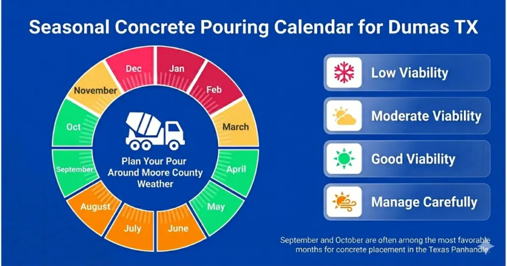 Seasonal concrete pouring calendar for Dumas TX showing month-by-month concrete placement conditions based on Moore County weather, freeze risk, summer heat, and optimal pouring seasons. Concrete Contractors Dumas TX