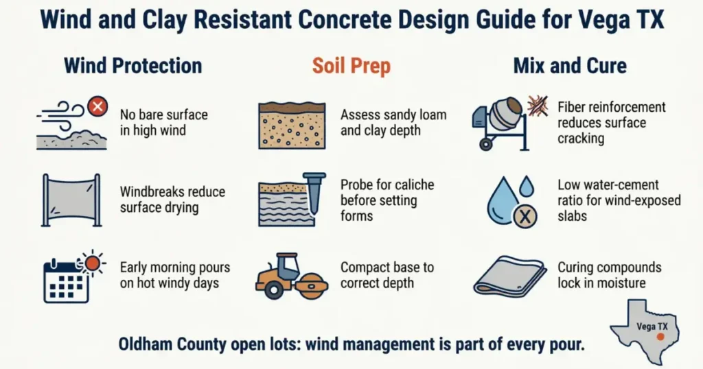 Wind and clay resistant concrete design guide infographic for Vega TX showing wind protection, soil preparation, and mix and cure practices for Oldham County open lots. Concrete Contractors Vega TX.