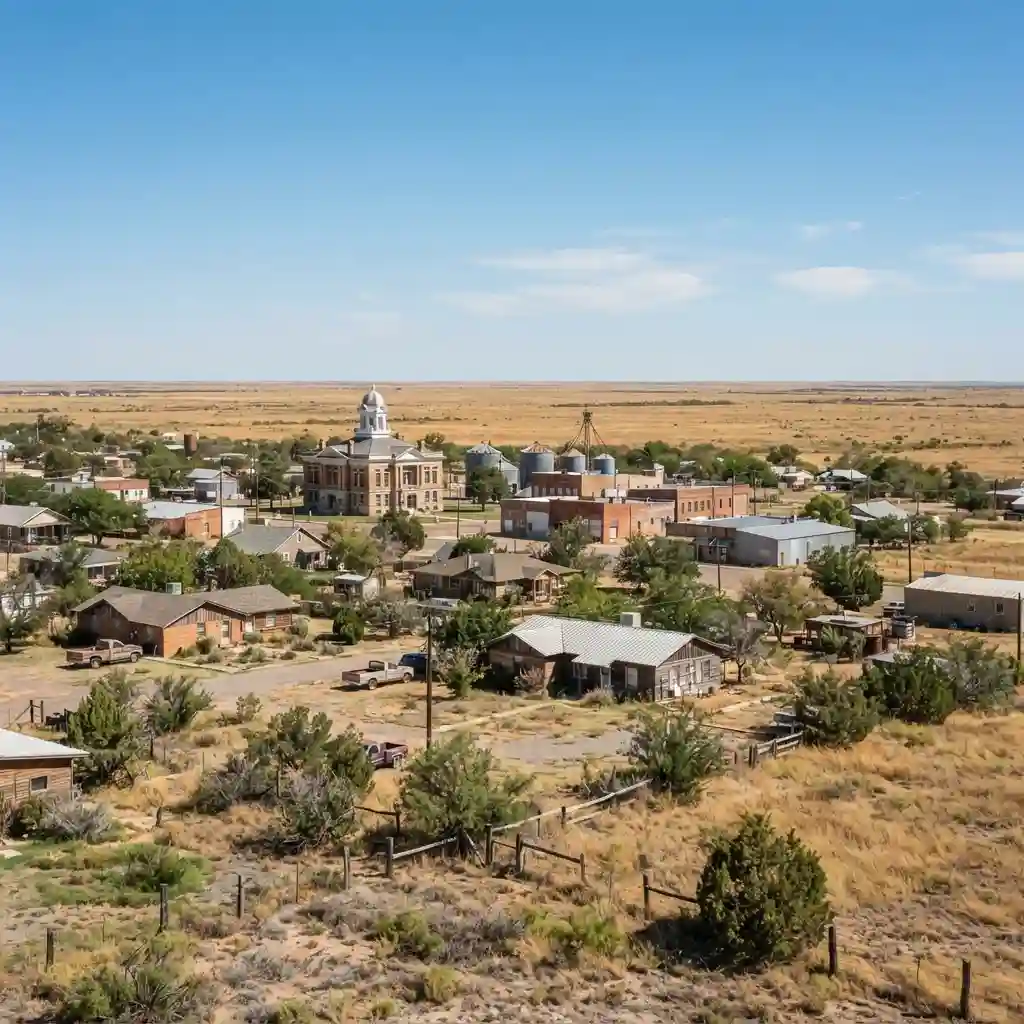 Claude TX community view showing residential homes, courthouse, and ranchland with native grasses and mesquite shrubs in Armstrong County Texas Panhandle