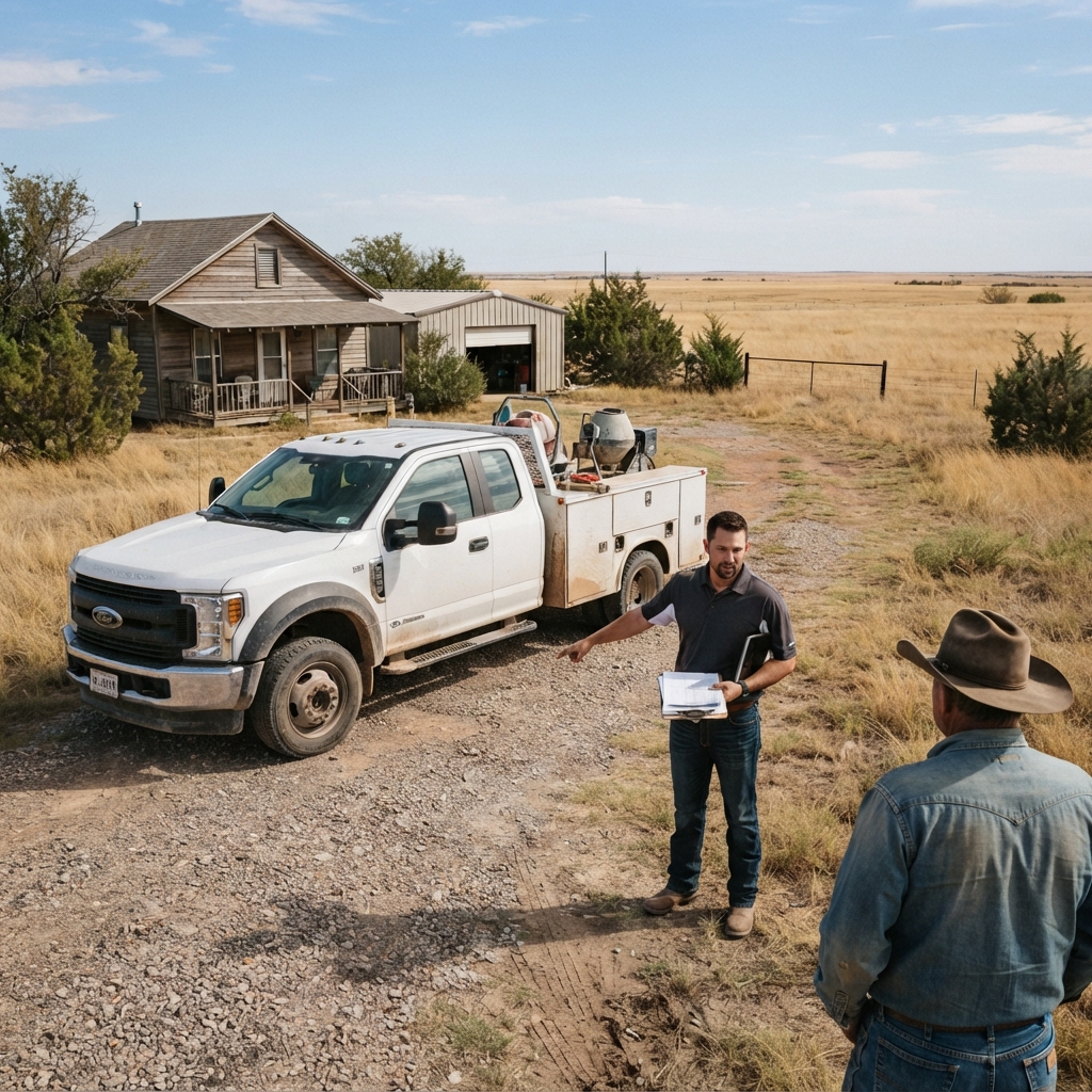 Concrete contractor site visit on rural Armstrong County TX property showing work truck, equipment, and typical Claude TX landscape with native grasses and mesquite shrubs