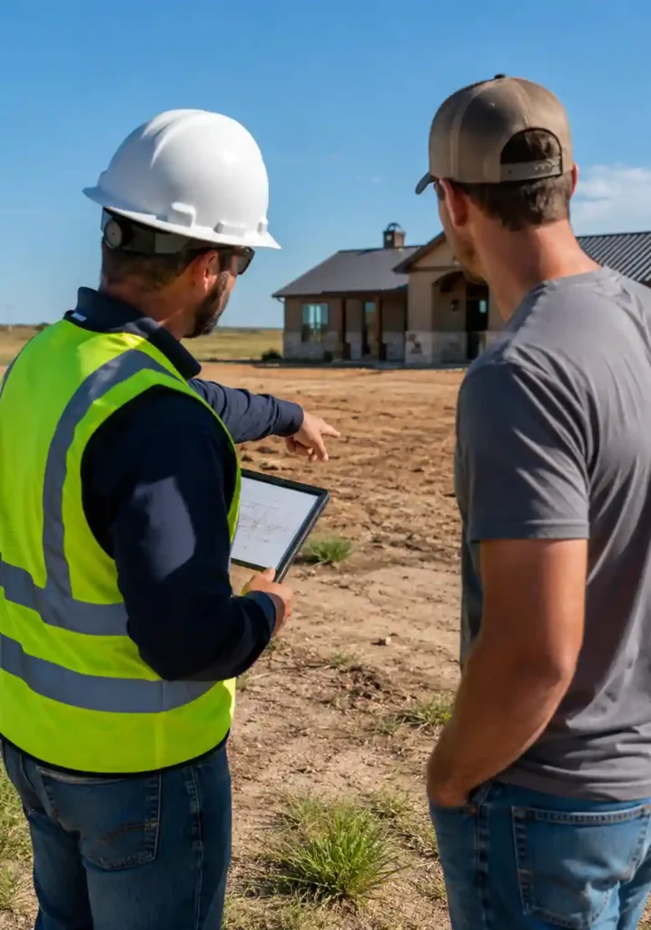 SolidBase concrete contractor in safety gear providing a detailed on-site evaluation and consultation to a Bushland, TX property owner for a new driveway project.