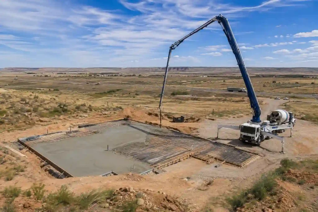 SolidBase concrete crew installing a large residential slab foundation on a rural acreage property near Bushland, Texas, with the I-40 corridor visible in the background.